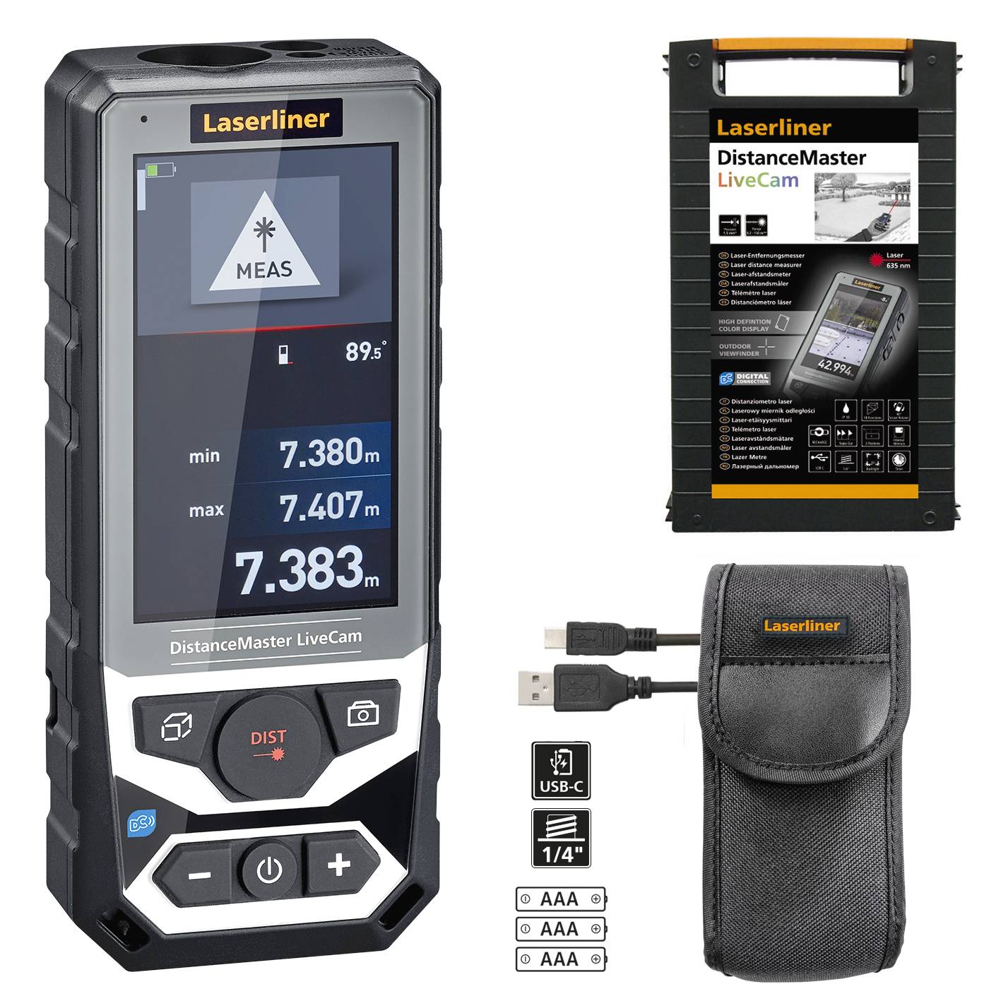 'Laserliner DistanceMaster LiveCam' Gerät mit Displayanzeige von Messungen. Beinhaltet Verpackung, USB-Kabel und Schutztasche.