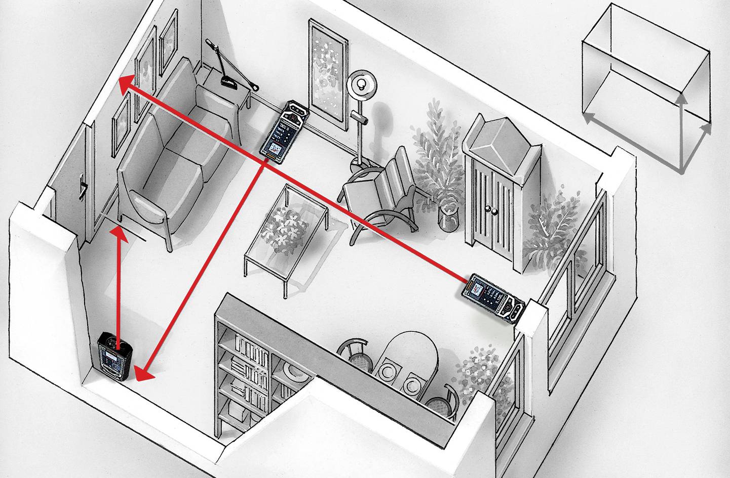 Ein Diagramm eines Wohnzimmers zeigt Pfeile als Schall- oder Datenwege zwischen Lautsprechern, einem Messgerät und Möbeln.