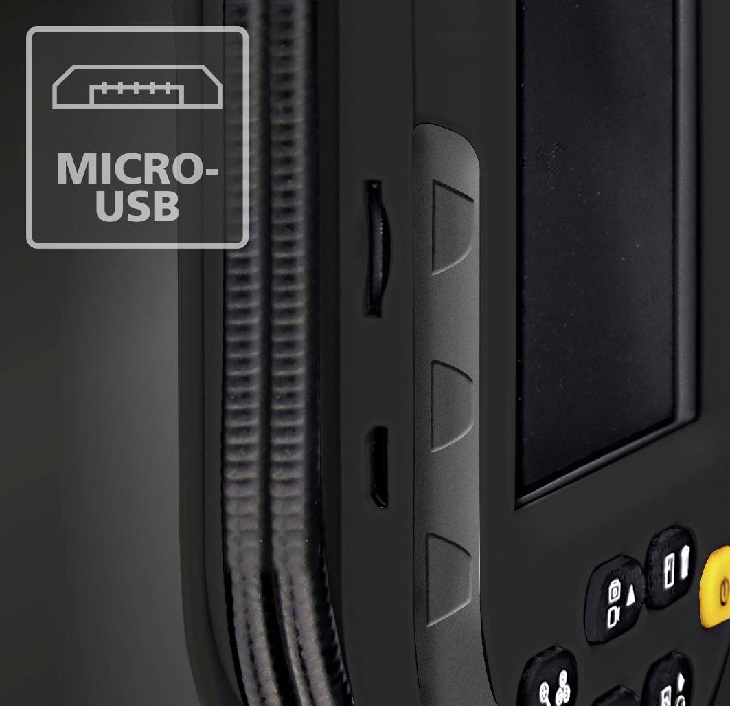 Nahaufnahme eines tragbaren elektronischen Geräts mit Micro-USB-Anschluss und einem Display. Tasten befinden sich unterhalb des Displays.