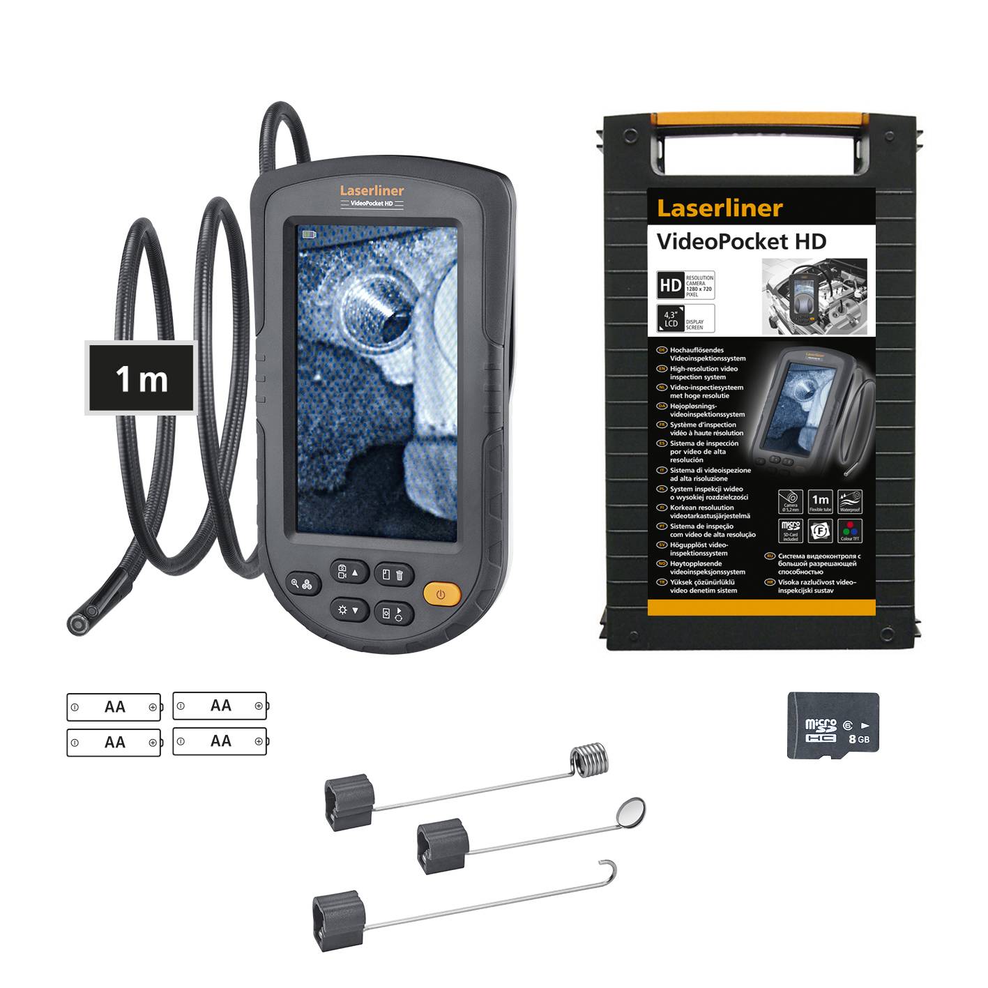 Das Bild zeigt ein Videoskop mit einem Bildschirm, einem flexiblen Kabel und Kamerakopf. Es enthält Zubehör wie AA-Batterien, eine SD-Karte und verschiedene Aufsätze. Verpackung im Hintergrund.