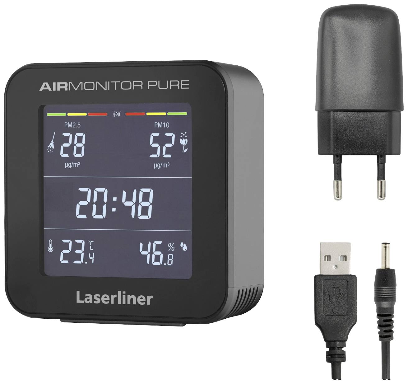 Luftqualitätsmonitor zeigt PM2.5 und PM10-Werte, Uhrzeit, Temperatur und Luftfeuchtigkeit an. Beinhaltet Ladegerät und Kabel.