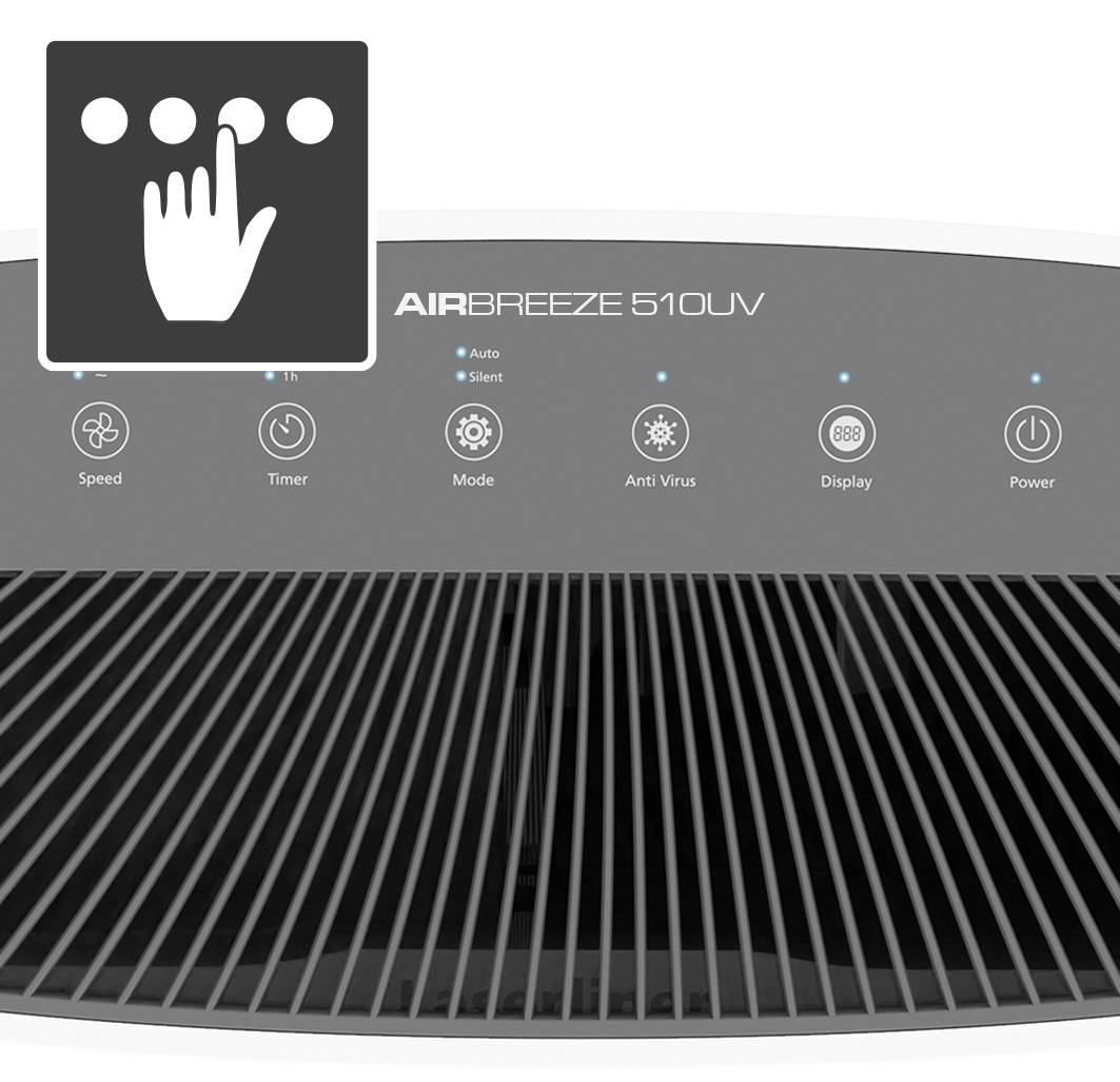 Luftreiniger-Display mit Symbolen für Geschwindigkeit, Timer, Modus, Anti-Virus, Display und Strom. Finger-Touch-Symbol oben links.