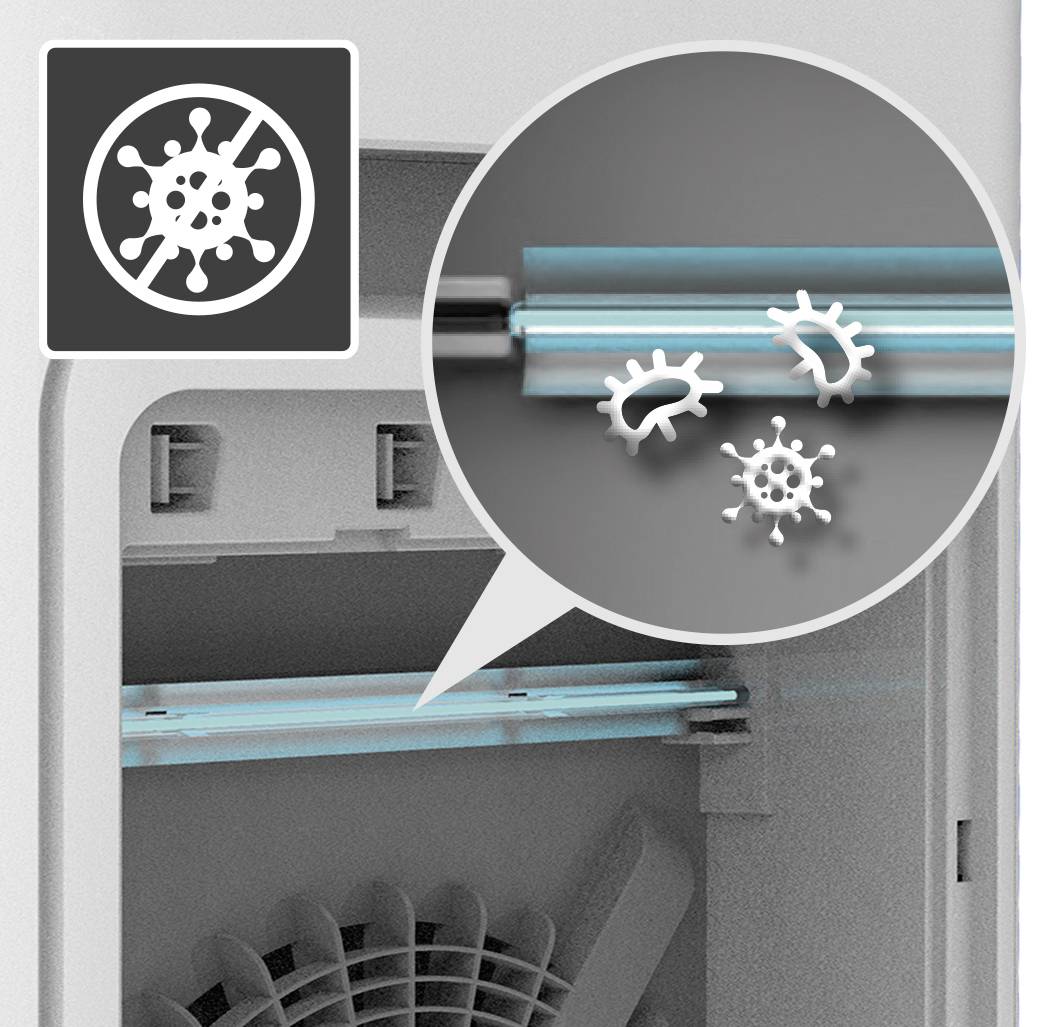 Detailansicht einer keimabtötenden UV-Lampe in einem Luftreiniger. Nahaufnahme zeigt das UV-Licht und Keime. Symbol oben links.