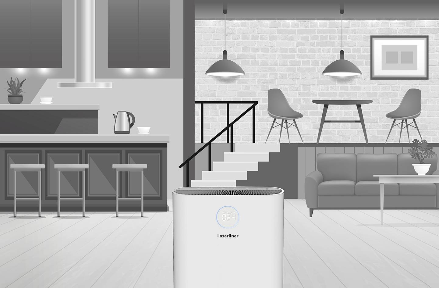 Ein moderner Luftreiniger steht in einem stilvollen Wohnzimmer mit offener Küche. Helle Farben und minimalistisches Design dominieren.