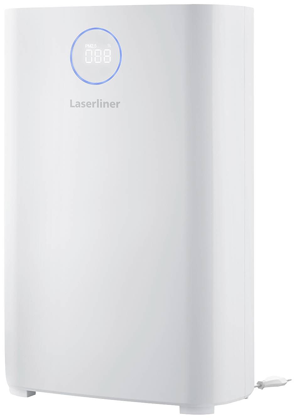 Ein weißer Luftreiniger von Laserliner mit digitalem Display zeigt 'FAN' an. Klein und modern, geeignet für Innenräume.