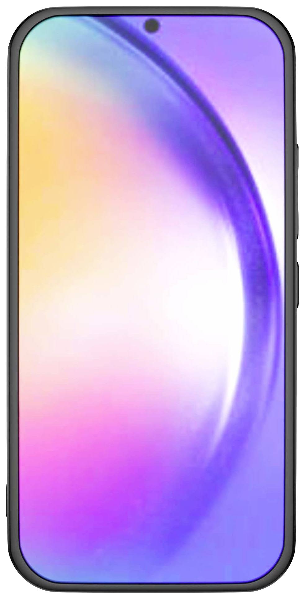 Ein Smartphone mit einem bunten, leuchtenden Bildschirm, das eine Mischung aus Violett, Blau und Orange zeigt.