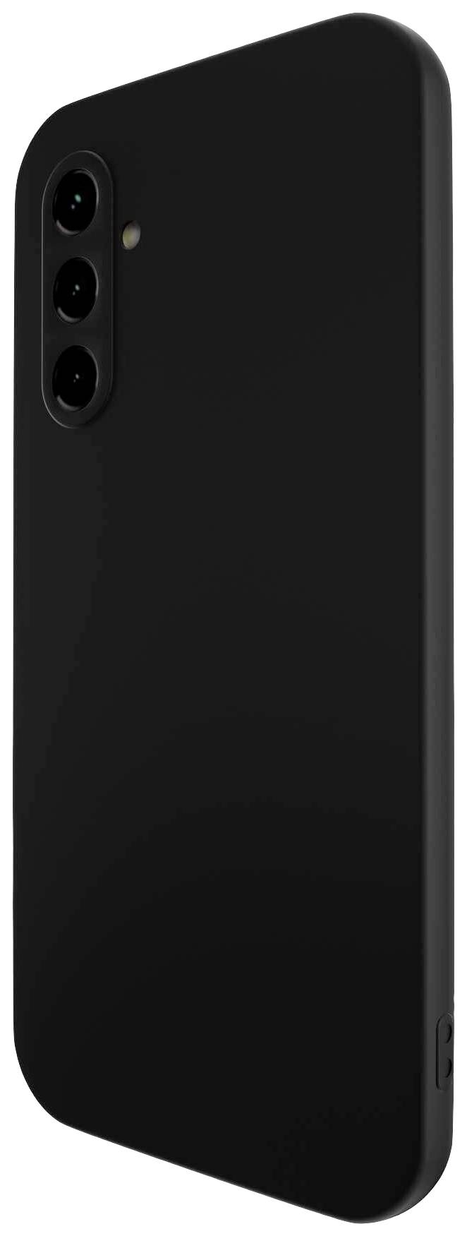 Schwarzes Smartphone mit drei Kameralinsen auf der Rückseite, leicht seitlich gezeigt. Keine sichtbare Marke oder Schriftzüge.