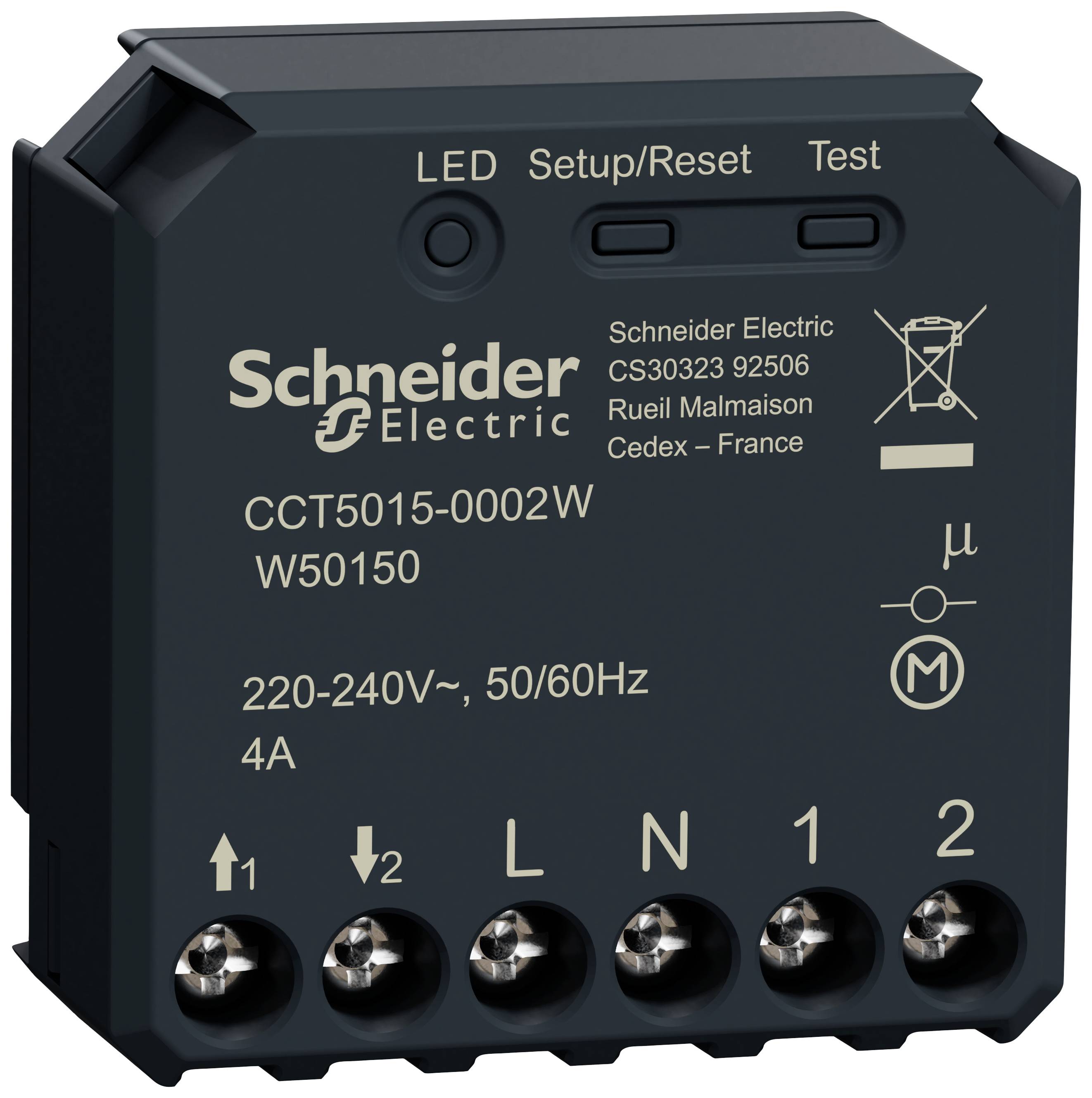 Elektronisches Modul von Schneider Electric, schwarzes Gehäuse, mit Anschlüssen und technischen Spezifikationen, einschließlich Spannung und Stromstärke.