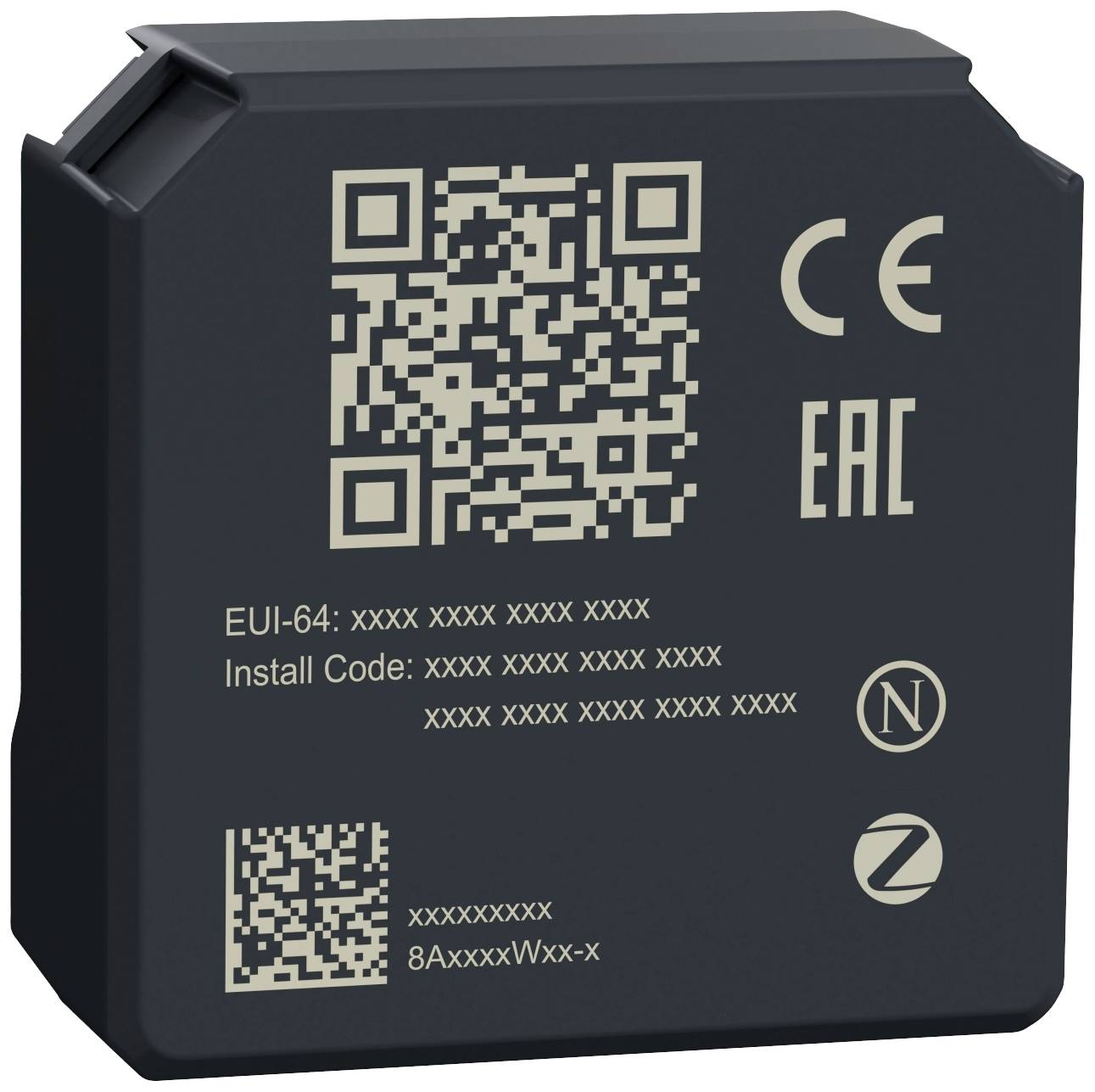 Schwarzes batterieförmiges Gerät mit QR-Codes und CE- sowie EAC-Zertifizierungen. Enthält Seriennummer und Codes zur Installation.