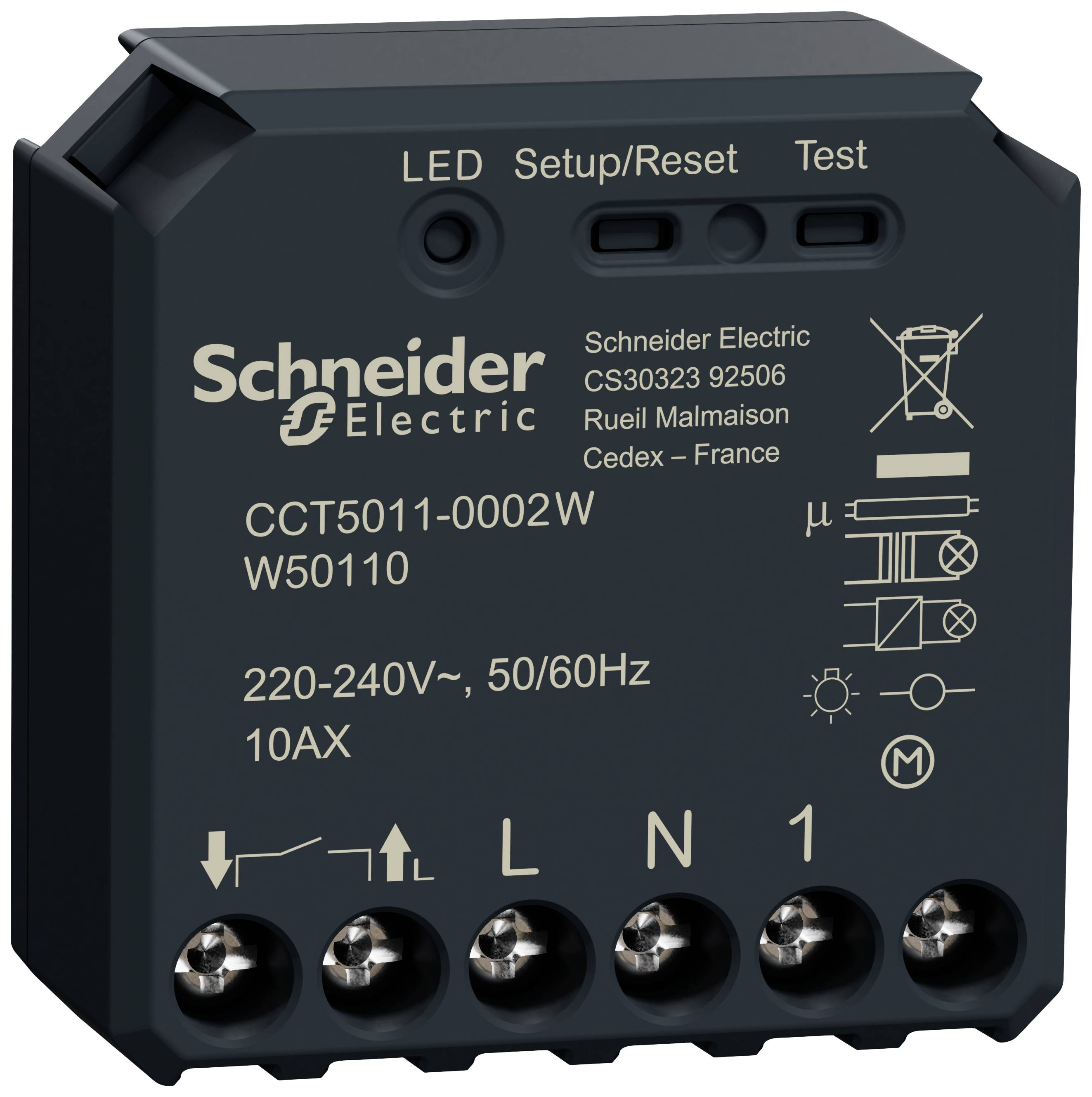 Ein schwarzes elektrisches Steuergerät von Schneider Electric, Modell CCT5011-0002W, mit Anschlüssen und Beschriftungen vorne.