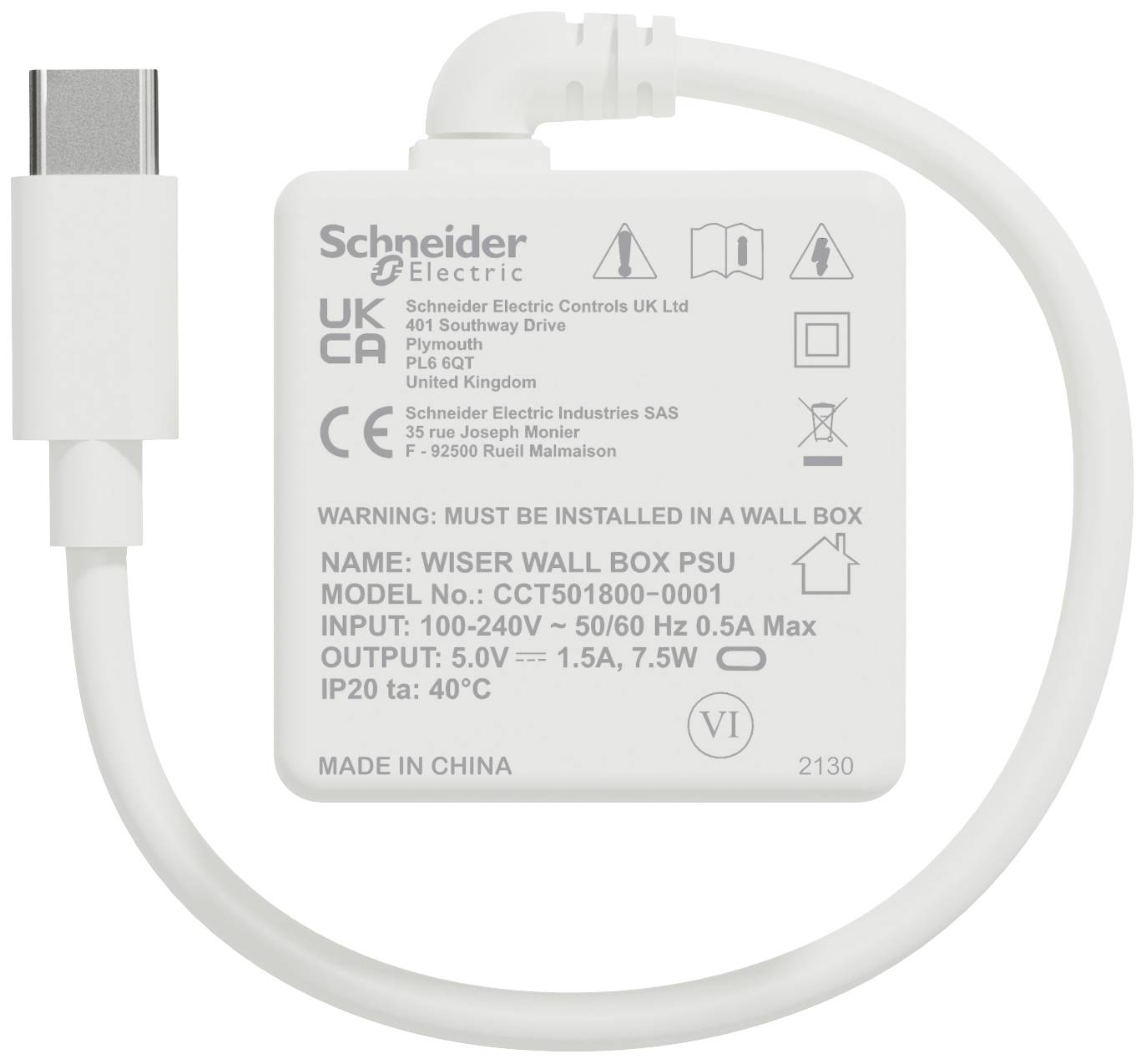 'Schneider Electric Wiser Wall Box PSU', Modellnummer CCT501800-0001, Eingang 100-240V, Ausgang 5V. Mit Sicherheits- und Zertifizierungslogos.