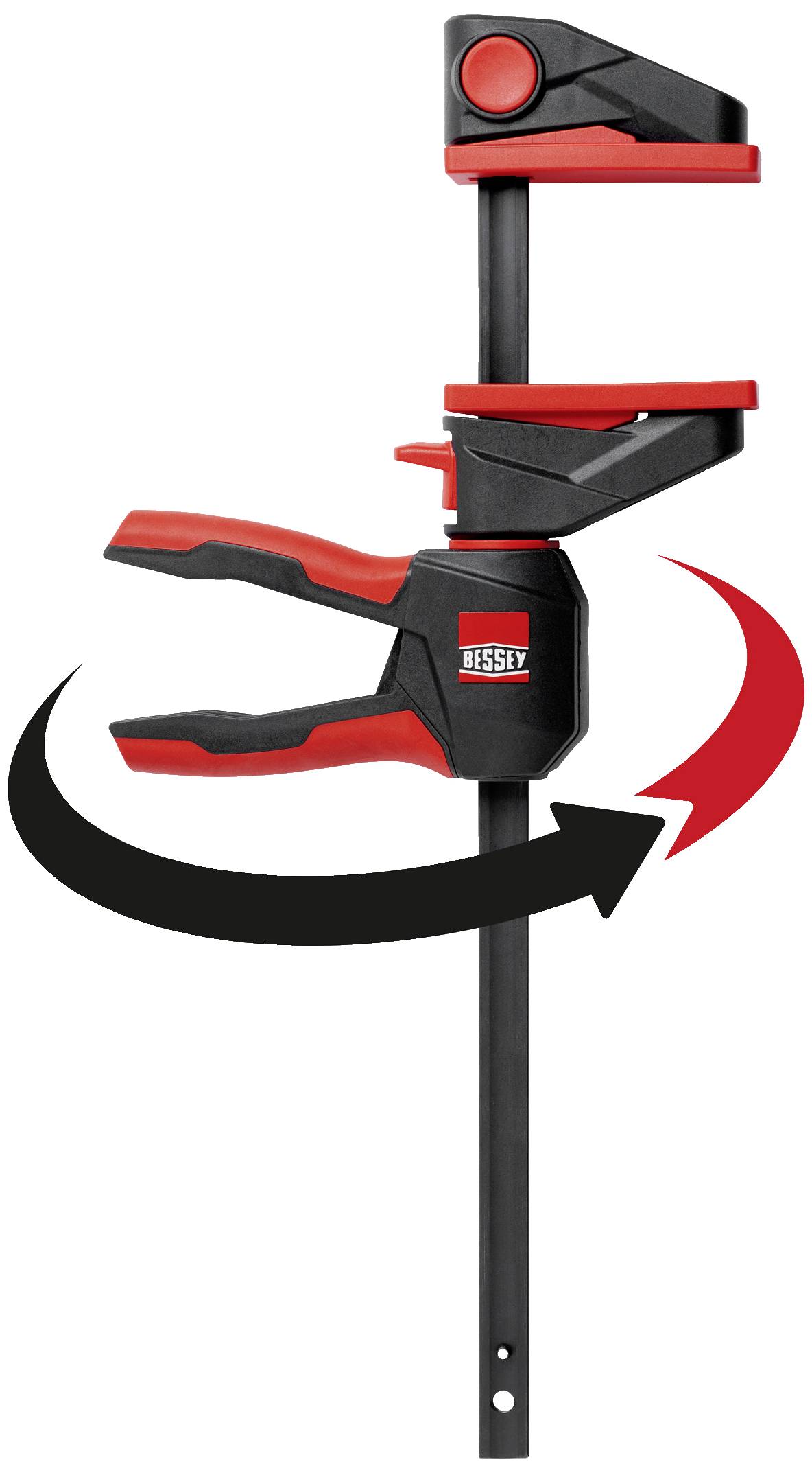 Schraubzwinge mit rot-schwarzem Griff, rotem Logo und Pfeil, der Bewegung anzeigt. 手机版