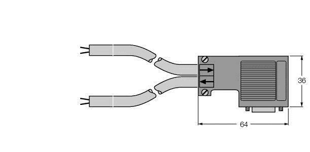 Diagramm eines elektrischen Steckers mit zwei Kabelausgängen oben links, Abmessungen 64 mm x 36 mm. Pfeile zeigen Kabelrichtung an.