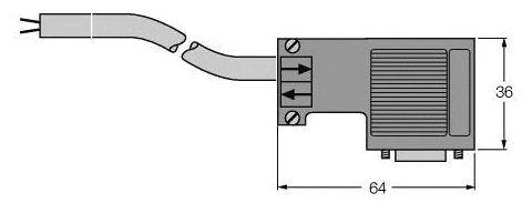Technische Zeichnung eines Steckverbinders. Der Stecker ist 64 mm lang, 36 mm hoch. Kabelverbindung und Schraubenlöcher sichtbar.