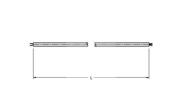 Zwei identische, horizontale Metallbalken mit eingezeichneten Bohrlöchern, getrennt durch eine Lücke, Längenmarkierung 'L' darunter.