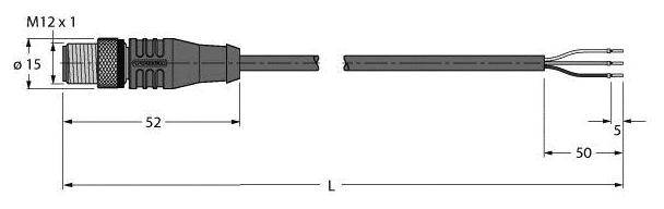 Technische Zeichnung eines M12-Steckers mit Kabel. Beschriftungen zeigen Maße: Gesamtlänge 52mm, Kabelteil 50mm, Steckdurchmesser 15mm.