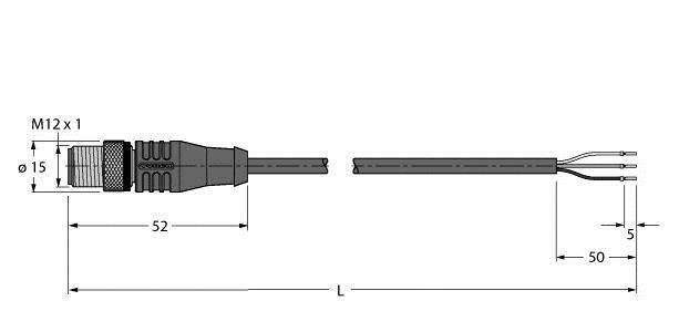 Technische Zeichnung eines M12-Steckers mit Abmessungen: 15 mm Durchmesser, Gesamtlänge 102 mm, Kabelende zeigt Drähte.