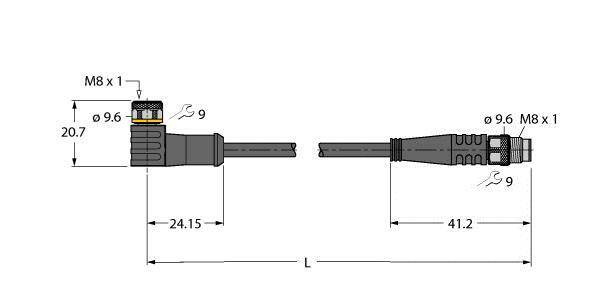 Zeichnung eines M8 Steckers mit Maßen: Gesamtlänge 65,7, Länge Kabel 41,2, Länge Stecker 24,15, Durchmesser 9,6. Schraubgewinde M8 x 1.