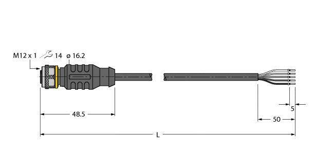 Technische Zeichnung eines Steckers. M12 x 1 Schraubgewinde, Gesamtlänge 48,5 mm, verbunden mit Kabelenden. Kabeldurchmesser 14 mm, Gesamtlänge L.