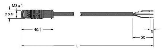 Technische Zeichnung eines M8 x 1 Steckers mit Maßen: Durchmesser 9,6 mm, Gesamtlänge 50 mm. Zeigt Anschlussdrähte am Ende.