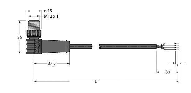 Technische Zeichnung eines elektrischen Steckverbinders. Maße: Gesamtlänge 'L', Anschlusslänge 37,5 mm, Kabelende 50 mm.