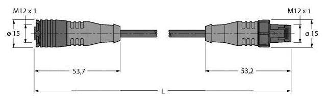 Technische Zeichnung eines Verbindungskabels. Zwei M12 x 1 Stecker mit Länge und Durchmesser angegeben: Ø15, Längen 53,7 und 53,2 mm.