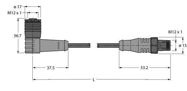 Technische Zeichnung eines Steckverbinders mit M12 x 1 Maßen. Zeigt Seiten- und Frontalansicht mit Längen: 37,5 mm und 53,2 mm.