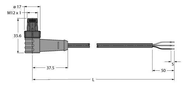 Technische Zeichnung eines Steckverbinders mit Maßangaben: Länge 37,5 mm, Höhe 35,6 mm, Durchmesser 17 mm, Kabelbreite 50 mm.