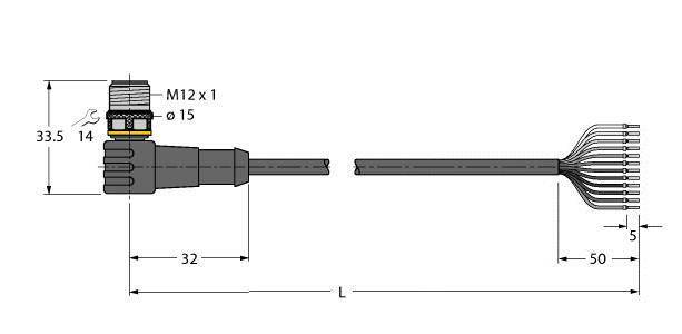 Technische Zeichnung eines M12-Steckers mit Kabel, seitliche Ansicht. Abmessungen: Stecker 33,5 mm lang, Kabel 50 mm. Verbindungen zu mehreren Drähten.