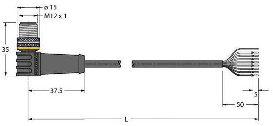 Technische Zeichnung eines rechtwinkligen Steckers: zeigt Seitenansicht mit Abmessungen, Durchmesser 15 mm, Länge 37,5 mm, und 5-Kabel-Verteilung.