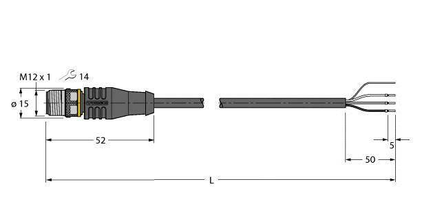 Elektrische Verkabelungszeichnung: M12-Stecker, Maße 15 und 52 mm markiert. Kabel zeigt vier freiliegende Drahtenden.