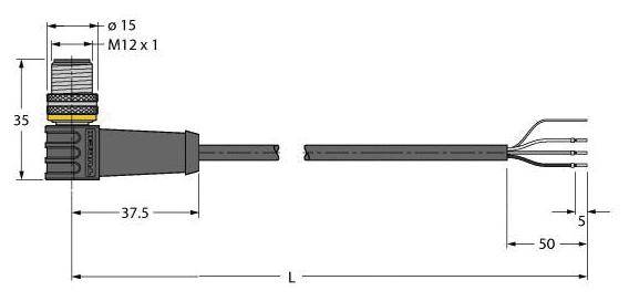 Technische Zeichnung eines Steckverbinders mit Gewinde M12 x 1. Dimensionen: Durchmesser 15 mm, Gesamtlänge 37,5 mm bis Kabelklemme.