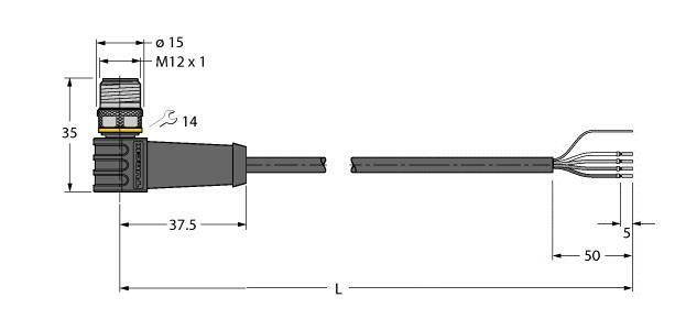 Diagram eines M12-Steckers mit Maßen: Durchmesser 15 mm, Länge 37,5 mm bis Steckerende, vier Drähte, Kabellänge L.