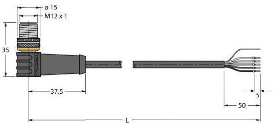 Zeigt eine technische Zeichnung eines abgewinkelten Steckverbinders mit Maßen: Durchmesser 15 mm, Länge 37,5 mm, Kabel 50 mm.