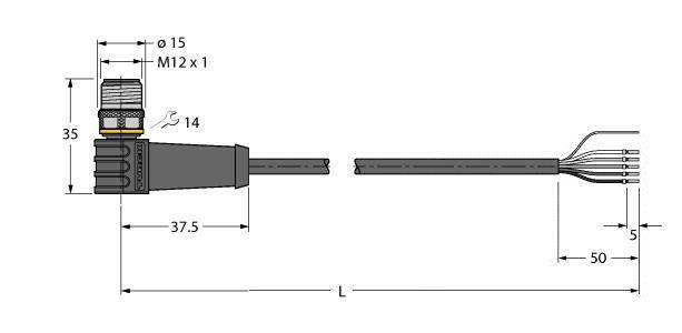Technische Zeichnung eines Kabels mit M12-Stecker, Längenmaße in Millimetern. Detaillierte Ansicht des Steckertyps und des Kabelanschlusses.