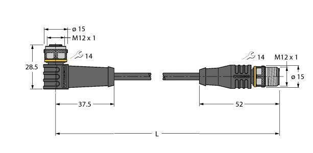 Diagramm eines M12-Steckverbinders mit Maßen: 15 mm Durchmesser, 28,5 mm und 37,5 mm Länge der Komponenten. Gesamt: 52 mm Länge.