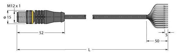 Technische Zeichnung eines Kabelsteckers mit M12-Gewinde; Gesamt- und Einzelmaße des Kabels sind angegeben.
