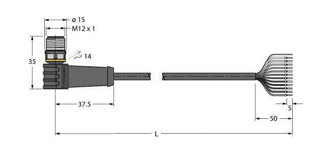 Technische Zeichnung eines Kabels mit M12-Anschluss, Dimensionen und Kabelabmessungen in Millimetern, Seitenansicht.