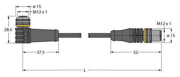 Technische Zeichnung eines M12 Steckers mit Kabelansicht von Seite und Oberseite. Maße: 28,5mm, 37,5mm, 52mm. Gewindegröße: M12 x 1.