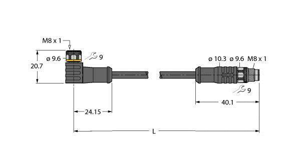 Zeichnung eines M8-Steckverbinders mit Maßangaben: Breite 9,6 mm, Höhe 20,7 mm, Länge 40,1 mm. Schraubgewinde M8 x 1.