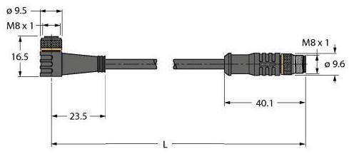 Anschlusskabel mit M8-Steckern, Längenangaben: 23,5 mm und 40,1 mm. Durchmesser der Stecker: 9,5 mm und 9,6 mm.