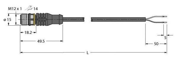 Diagramm eines Steckers mit M12-Gewinde, 15mm Durchmesser, Gesamtlänge 49,5mm, Kabelenden 50mm. Details der Anschlüsse sichtbar.