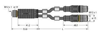 Schaltplan eines 'Y'-Feldkonfektionierbaren Verteilers, zeigt M12 x 1 Steckverbinder, mit Abmessungen 53,9 mm und 48,5 mm.