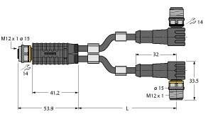 Technische Zeichnung zeigt ein Y-förmiges Kabel mit M12-Steckern. Abmessungen sind angegeben: 41,2 mm, 53,9 mm.