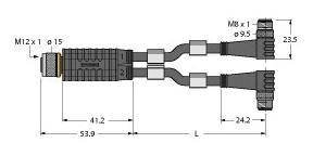 Ein mechanisches Diagramm eines Verteilers mit M12 x 1-Anschluss links und zwei M8 x 1-Anschlüssen rechts. Maße sind in Millimetern angegeben.