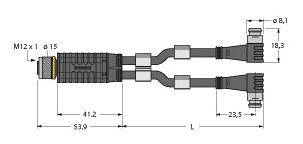 Technische Zeichnung eines M12 Adapters mit Abmessungen: 41,2 mm, 53,9 mm, 23,5 mm. Zwei Kabel mit Steckverbindungen.