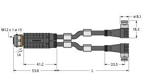 Diagramm eines Kabelsplitters mit M12 x 1 Steckverbindern und Maßen: Durchmesser 8.1 mm, Länge 53.9 mm und 23.5 mm. Verwendungszweck: Verbindung von Geräten.