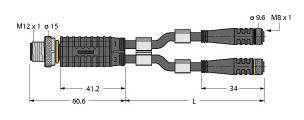 Abbildung zeigt ein elektrisches Kabel mit M12 x 1 Anschluss. Gesamtlänge 60,6 mm, zwei Abzweigungen von 41,2 mm und 34 mm.