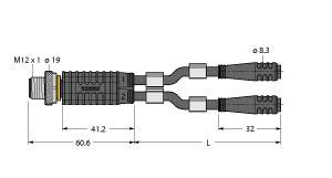 Technische Zeichnung eines M12 Steckverbinders mit Maßen und Kabelabzweigungen.