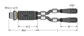 Schema einer M12-Steckverbinderbuchse mit Doppelkabelausgang. Maße: Buchse 15 mm Durchmesser, Länge 60,6 mm, Kabel 32 mm.